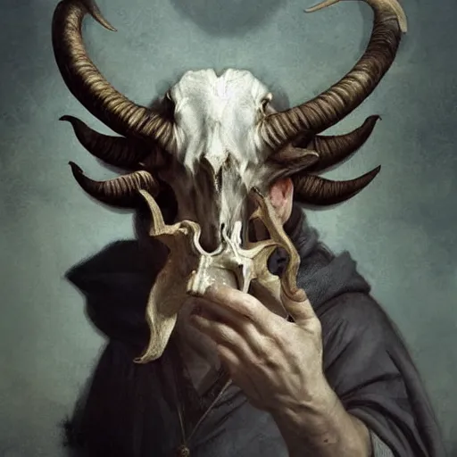 Image similar to man with goat horns holding an animal skull, style of da vinci, fantasy illustration, by greg rutkowski