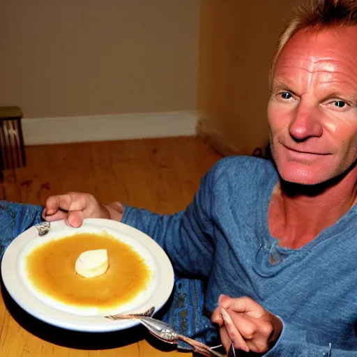 Image similar to sting the singer eating a banana creme brule ( dont ask )