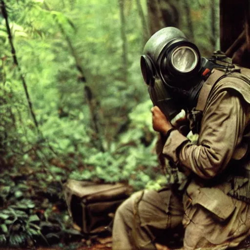 Image similar to a heavily armored man wearing a gasmask, in the jungle, film still, arriflex 3 5