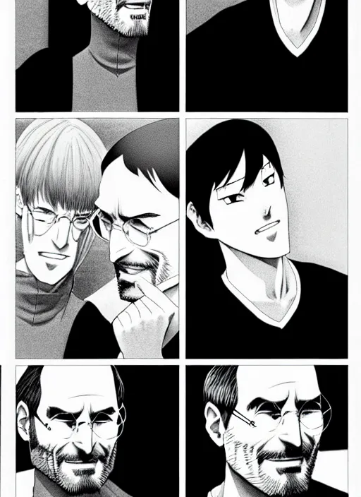 Image similar to steve jobs manga, final page, by katsuhiro otomo and hiroya oku and makoto yukimura