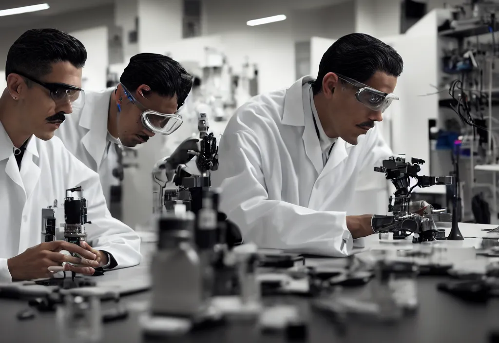 Prompt: professional shot of a scientist thin latino male in his tech lab, developing some female cyborg parts. from love death and robots ( 2 0 1 9 ). coherent portrait, intricate, elegant, highly detailed, digital photo, trending on artstation, hdr photo, smooth, sharp focus