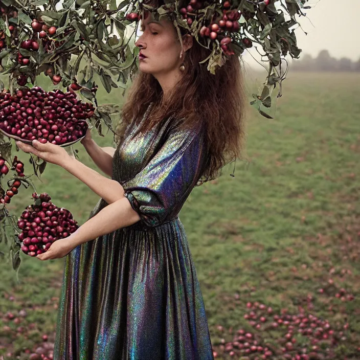 Prompt: a closeup portrait of a woman wearing a dress made of iridescent twine and ribbon, picking pomegranates from a tree in an orchard, foggy, moody, photograph, by vincent desiderio, canon eos c 3 0 0, ƒ 1. 8, 3 5 mm, 8 k, medium - format print