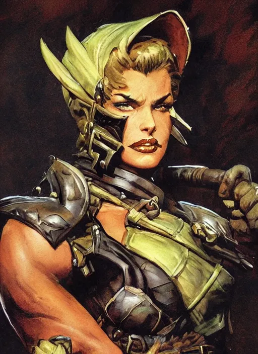 Image similar to portrait of strong female ranger, beautiful! coherent! dungeons and dragons character, by frank frazetta, by brom, strong line, deep color, leather armor, short buzzed hair, high contrast