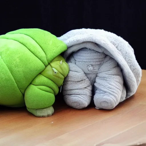 Image similar to cozy tardigrade, giant soft tardigrade curled up in a blanket eating celery, cute, soft, gentle, kind, tender