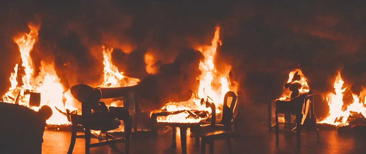 Image similar to a studio photograph (flash on) of a big fire on a dining room on fire, an human-like relaxed dog sitting on a wooden chair at a table (no fire at all there), ☕ on the table, surrounded by flames, a lot of flames behind the dog, black smoke instead of the ceiling, no watermark