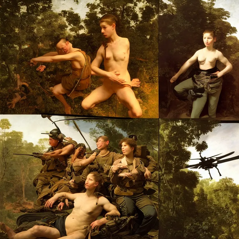 Image similar to portrait of a us soldier, vietnam war, majestic, posing into flying helicopter, above jungle, fine art portrait painting, strong light, clair obscur, by caravaggio, by diego velazquez, by jean honore fragonard, by peter paul rubbens, by bouguereau