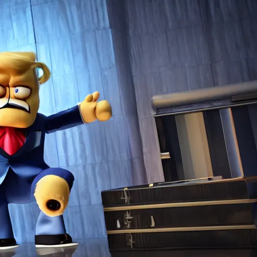 Prompt: Donald Trump with Five Nights At Freddy body, realistic artstyle, wide shot, dramatic lighting, octane render, hyperrealistic, high quality, highly detailed, HD, beautiful, cinematic, 8k, unreal engine, facial accuracy, symmetrical