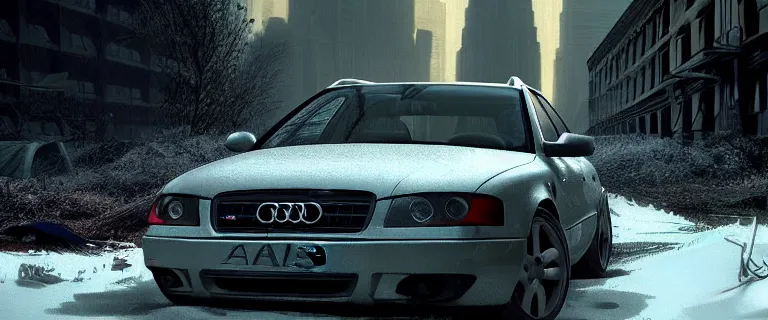 Image similar to Audi A4 B6 Avant (2002), a post apocalyptic, dramatic lighting, cinematic, establishing shot, extremly high detail, photorealistic, cinematic lighting, artstation, style by greg rutkowsky, Max Payne (2001) winter New York landscape