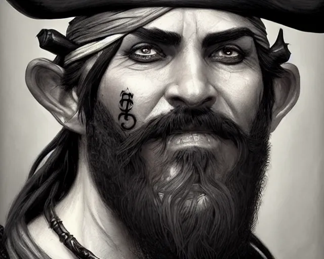 Image similar to close up of a pirate face, beard, smirk, black hair, face tattoo, deep focus, d & d, fantasy, intricate, elegant, highly detailed, digital painting, artstation, concept art, matte, sharp focus, illustration, hearthstone, art by artgerm and greg rutkowski and alphonse mucha