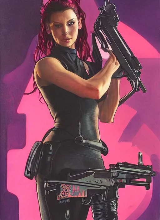 Prompt: beautiful cyberpunk female athlete in pink jumpsuit. lady firing a futuristic red automatic pistol with huge magazine. ad for pistol. cyberpunk poster by james gurney, azamat khairov, and alphonso mucha. artstationhq. gorgeous face. painting with vivid color, cell shading. ( rb 6 s, cyberpunk 2 0 7 7 )