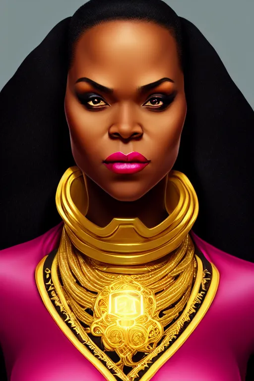 Prompt: portrait of black super woman, velvet gown, highly detailed and rendered gold jewelry, digital art, intricate, sharp focus, trending on artstation, hq, unreal engine 5, 4 k uhd image, by brom, artgerm, face by otto schmidt