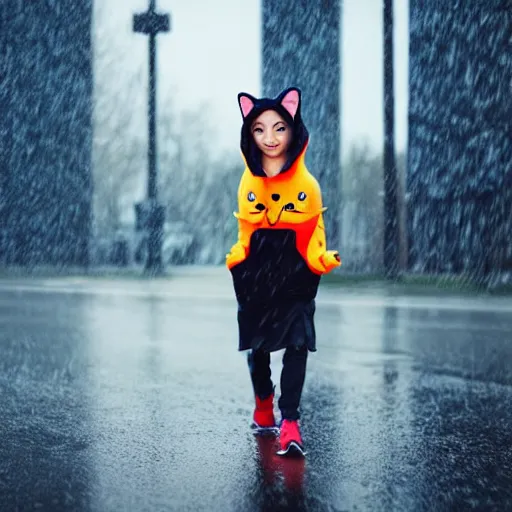 Image similar to a cute anime cyborg - girl wearing a cat hoodie walking in the rain