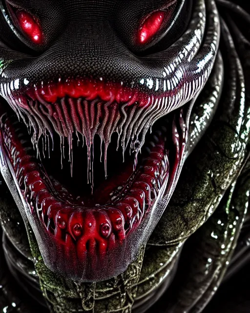 Prompt: realistic long textured tongue demon wet humanoid alien, smoke, mouth in mouth, large alien eyes, metallic reflective fangs dripping greenish acid saliva, thin red veins, intricate grey snake scales ornate skin, cinematic light shadows, reflections, crawling in a wet sewer pipe, dim flashlight lighting, insanely detailed