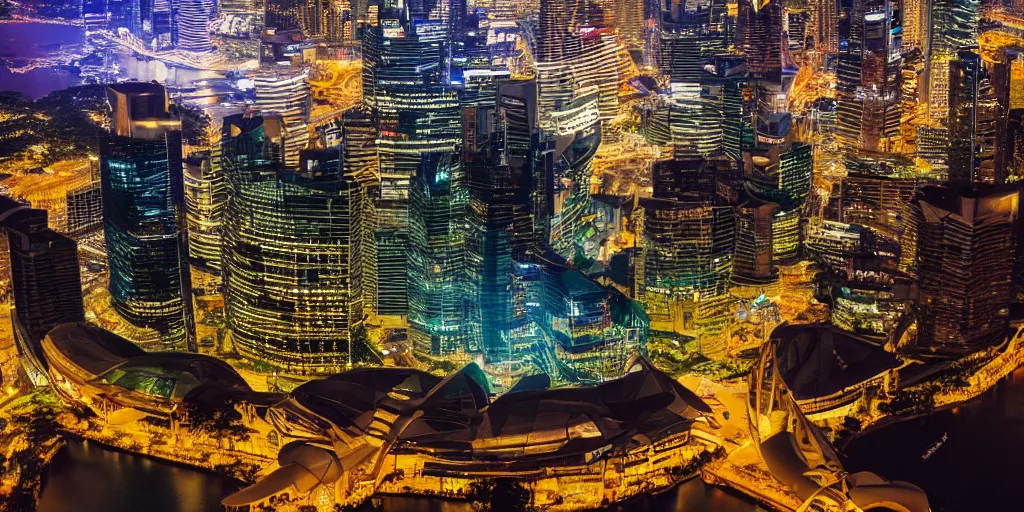 Image similar to futuristic singapour view at night from a plane, cinematic