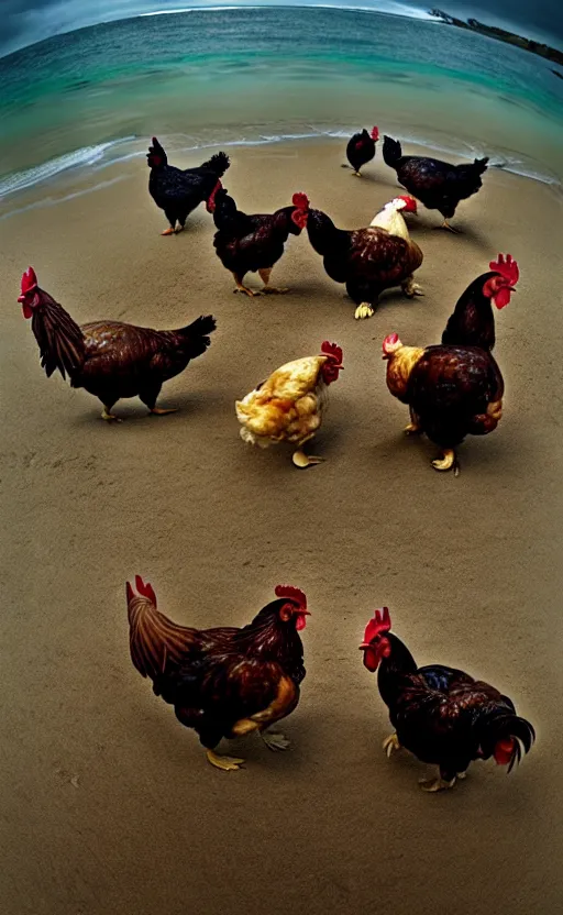 Prompt: chickens battling turtles, wide angle shot by greg rutkowski