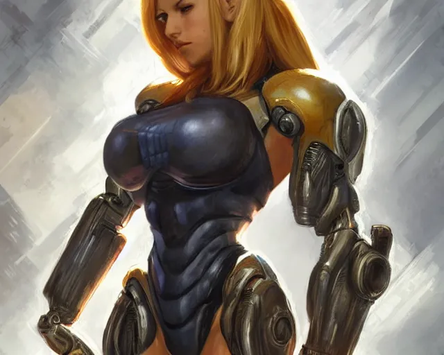 Image similar to portrait of samus aran as a very attractive happy female bodybuilder cyborg, elegant, fantasy, hd shot, digital portrait, beautiful, artstation, comic style, by artgerm, guy denning, jakub rozalski, magali villeneuve and charlie bowater