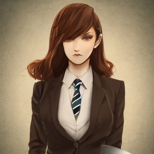 Prompt: woman in business suit, brown neat hair, pixiv, fanbox, trending on artstation, digital art, portrait, modern, sleek, highly detailed, formal, serious, determined, competent, colorized, smooth, charming, pretty, safe for work, law office