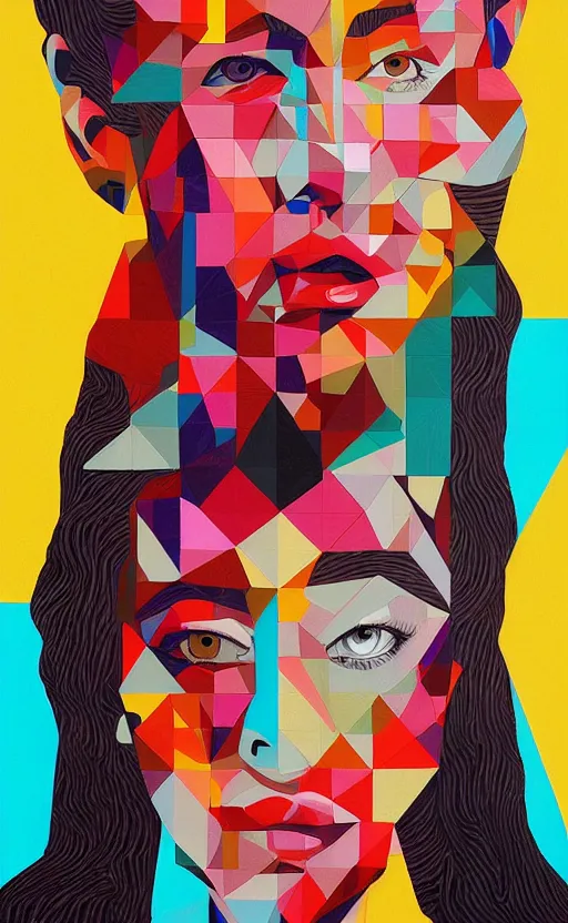 Prompt: portrait of woman's face, block colours with geometric shapes by james jean