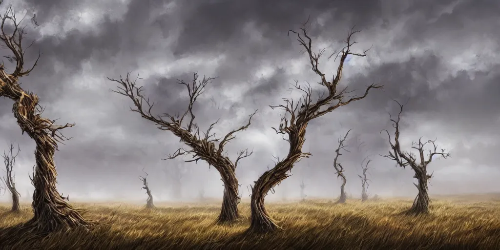 Prompt: swaths of dead windswept trees (no soil), high quality fantasy art, 4k