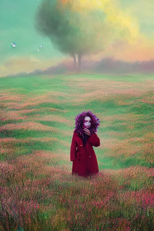 Prompt: portrait, massive flower head, a girl wearing a coat in heather field, surreal photography, wind and cold, dramatic sky, impressionist painting, digital painting, artstation, simon stalenhag