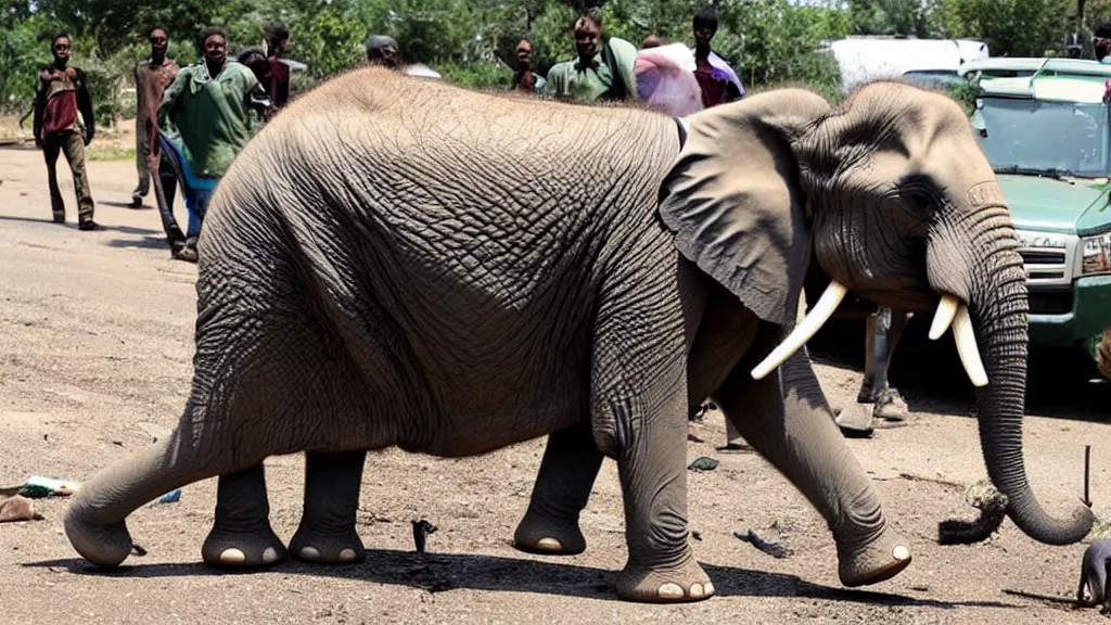 Prompt: an elephant stomps on a school, dead animals on the ground, guns on the ground in style of martin emond