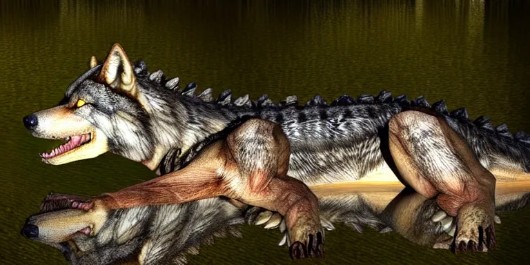 Image similar to chimera made of a wolf and a crocodile, photo of wolf, photo of crocodile, trending on deviantart, photo realism, realistic wood swamp, professional photoshop artwork utilizing photographs