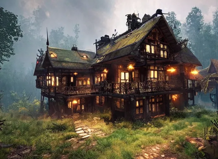 Image similar to house in a clearing in the middle of the forest, beautifully lit, steampunk, witcher cd projekt red