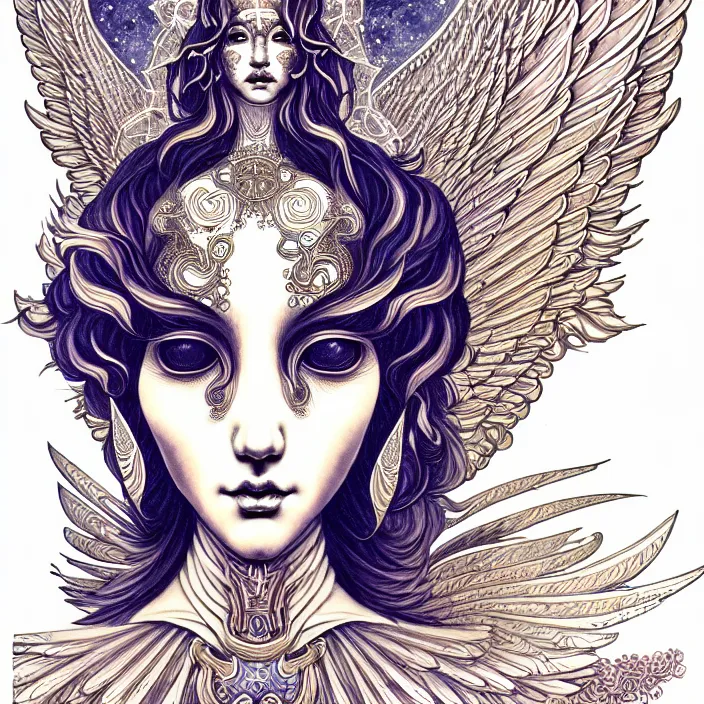 Image similar to stylized art of an psychedelic angelic celestial being by jung gi kim, trending on artstation, winged head, white gold skin, ayahuasca, sacred geometry, esoteric art, watercolor