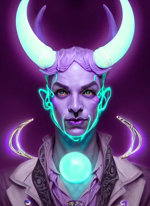 Image similar to symmetry!! portrait of a feminine mischievous trickster male purple and teal skinned tiefling with demon horns and piercings bard, glowing lights!! intricate, elegant, highly detailed, digital painting, artstation, concept art, smooth, sharp focus, illustration, art by artgerm and greg rutkowski and alphonse mucha