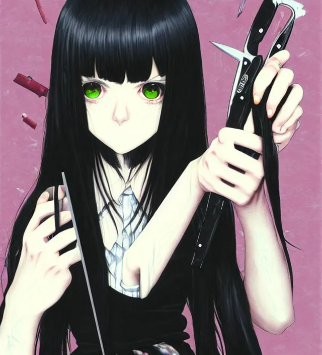 Image similar to portrait of a morbid 18 year old young woman wearing a grunge aesthetic dress with straight silky black hair, in a butcher shop, queen of sharp razorblades holds a single individual razerblade her hand and shows it to the user, in the style of Range Murata and by Katsuhiro Otomo.