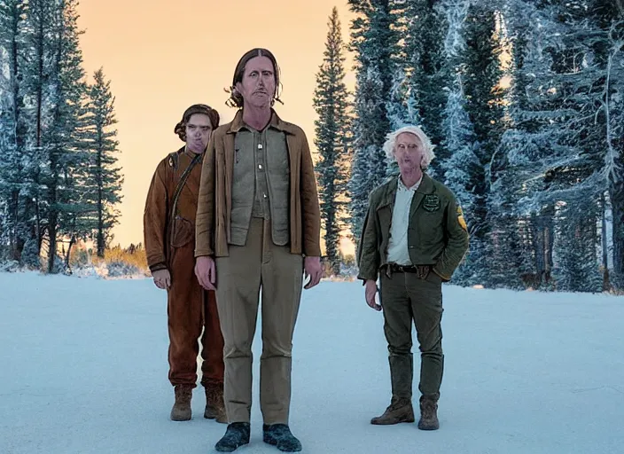 Prompt: first official image from wes anderson's new sci - fi film set in challis!, idaho, sundance official selection, starring ben mendelsohn. shot on alexa mini, stunning cinematography, golden hour, filmgrain, kodak vision 2 0 0 t, shot composition