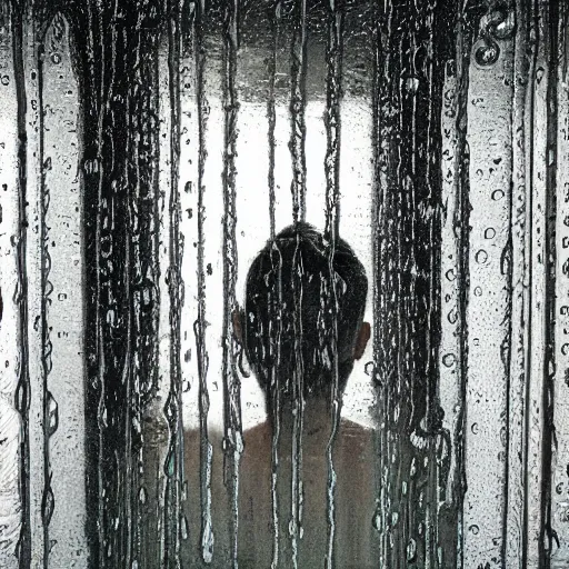 Prompt: young person looking through water wall, with clear glass, melancholic, sad, lots of raindrops, detailed, cinematic, dramatic lighting, by kelly freas