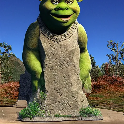 Image similar to a grandiose stone statue monument for shrek, fantasy illustration