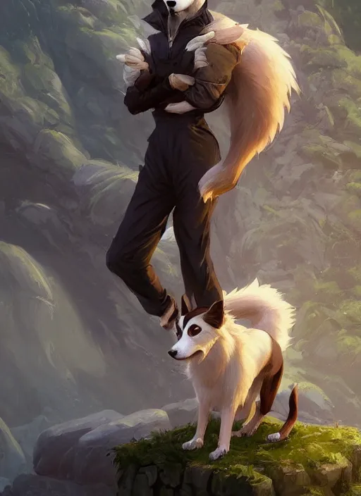 Prompt: wide angle beautiful full body portrait of a cute male anthropomorphic anthro border collie fursona wearing a jumpsuit on basalt columns, character design by charlie bowater, henry asencio, and ross tran, disney, scenic background, detailed, glamor pose, aesthetic, trending on artstation, furaffinity, deviantart