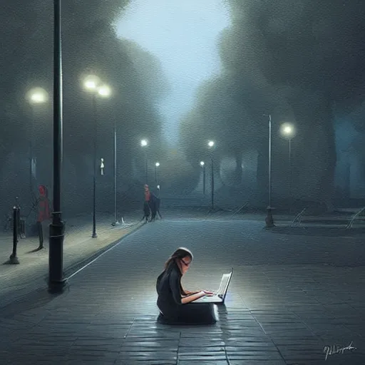 Image similar to a girl working on her laptop, city park, street lighting, dramatic, greg rutkowski, digital painting