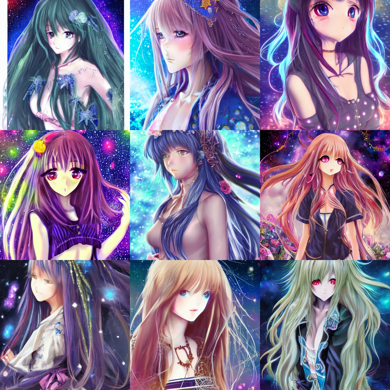 Prompt: anime girl with clothes with cosmic, magic long hair, super - resolution, hsl, 2 - bit, vr, uniform, nano, senary, rtx, insanely detailed and intricate, hypermaximalist, elegant, ornate, hyper realistic, super detailed, full body, full body shot, full image, full art
