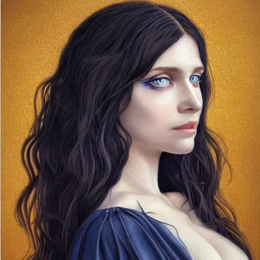 Image similar to full body portrait of a girl with blue eyes, gentle face, smiling softly, long dark hair, intricate detailed goth dress, next to a beautiful raven, highly detailed, deep focus, elegant, digital painting, smooth, sharp focus, golden ratio, illustration, ultra realistic, 8 k, art by artgerm and caravaggio