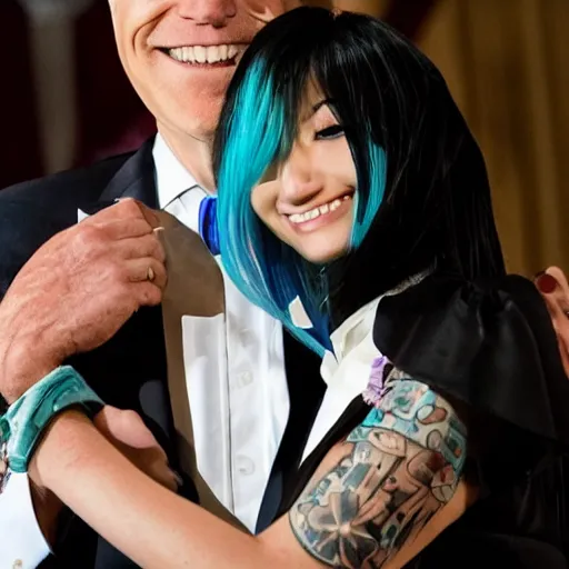 Image similar to tattoo of joe biden marrying hatsune miku