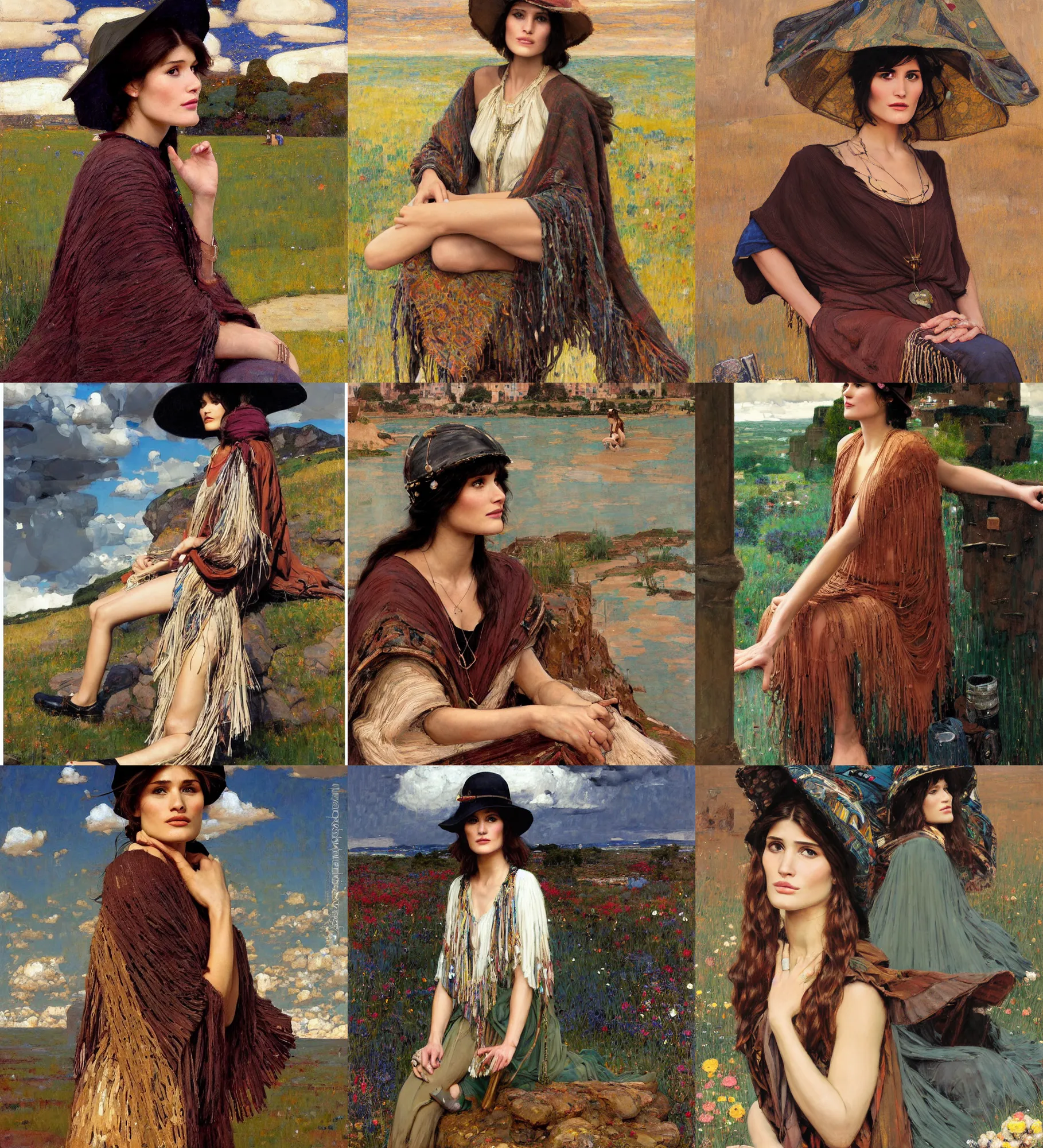 Prompt: portrait of fashionable young woman wearing rich jewerly hat and boho poncho, Gemma Arterton, sitting dynamic pose, Low poly, thunder clouds in the sky, artwork by john william waterhouse and Denis Sarazhin and klimt and rhads and Dean Ellis and Detmold Charles Maurice, levitation, industrial rusty pipes, simple form, brutal shapes