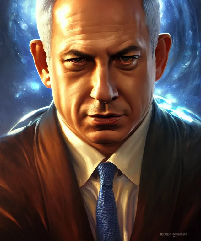 Prompt: Benjamin Netanyahu as a fantasy magic man portrait, sci-fi, amber eyes, face, fantasy, intricate, elegant, highly detailed, digital painting, artstation, concept art, smooth, sharp focus, illustration, art by artgerm and greg rutkowski and alphonse mucha