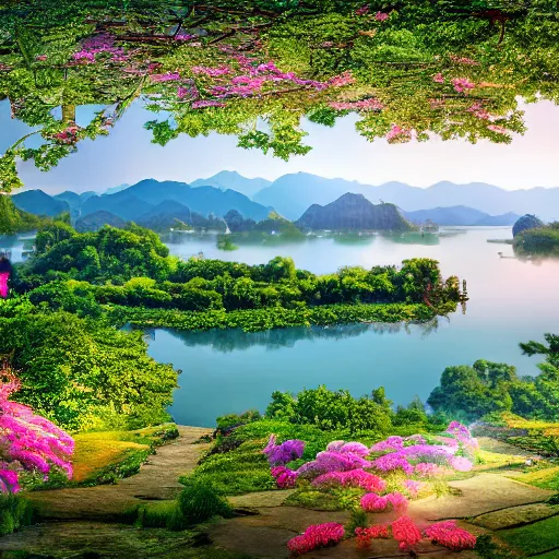 Prompt: A beautiful landscape of photorealistic, shift phtograpy, hologram of China Hangzhou West Lake, highly detailed, wallpaper, 8k, awarded winning photo
