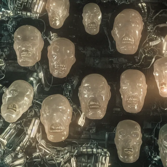 Prompt: five badly lit translucent cyborg heads lying on the shelf in the dark warehouse, sci - fi, film still from johnny mnemonic, wide lens, cinematic, 8 k