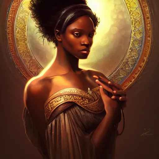 Image similar to black african princess, warm volumetric lighting, cosmic, symmetric, highly detailed, concept art, heavenly, intricate, sharp focus, illustration, alexandros pyromallis, bouguereau, rutkowski, artgerm, alphonse mucha