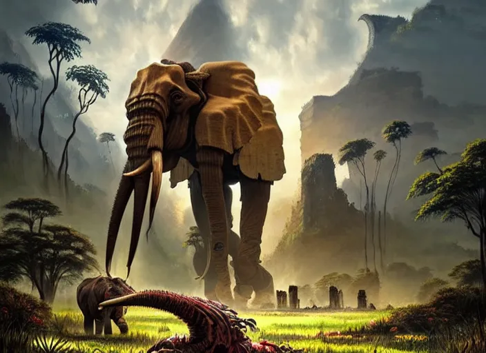 Image similar to symmetry!! landscape portrait of a herd of hybrid robot mammoth elephant with big tusk, floral! horizon zero dawn machine, intricate, elegant, highly detailed, digital painting, ancient ruins background, sunrise, background atmospheric lighting, ray tracing, artstation, concept art, smooth, sharp focus, illustration, art by artgerm and greg rutkowski 8 k