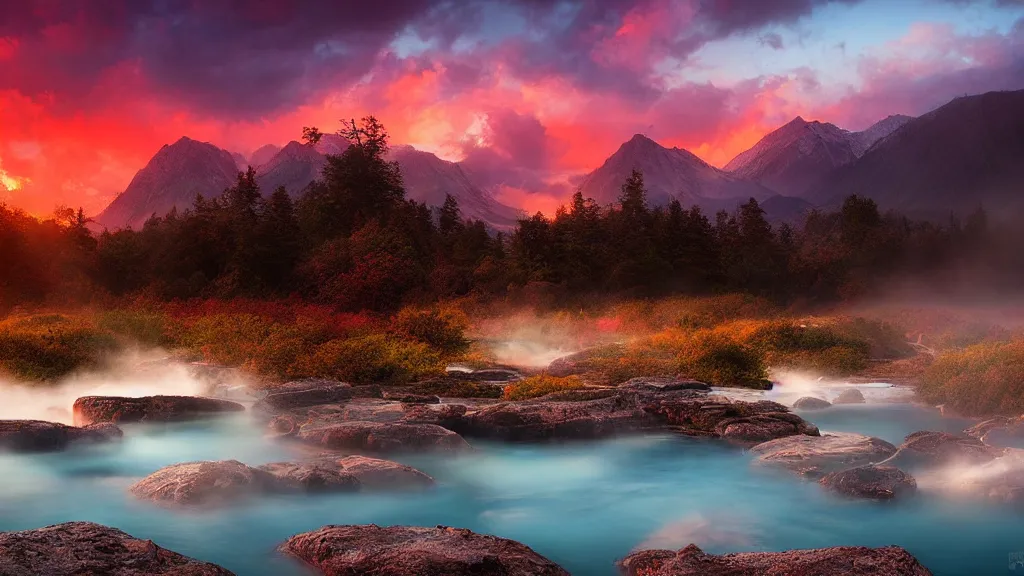 Image similar to amazing landscape photo of hot springs in sunset by marc adamus, beautiful dramatic lighting