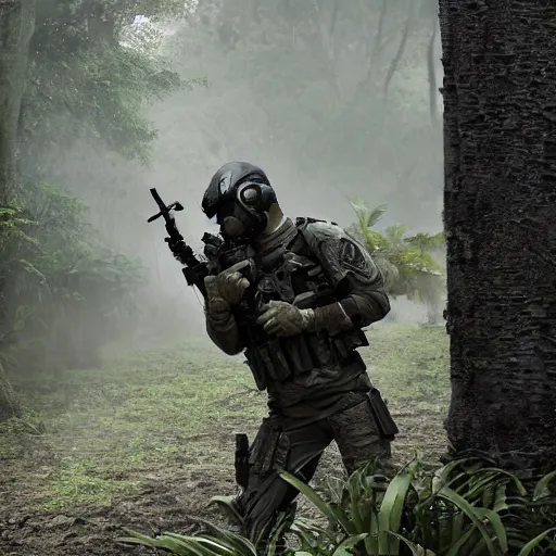 Image similar to Mercenary Special Forces soldier in light grey uniform with black armored vest and helmet launching an ambush attack in the jungles of Tanoa, combat photography by Feng Zhu, highly detailed, excellent composition, cinematic concept art, dramatic lighting, trending on ArtStation