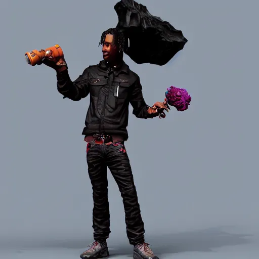 Prompt: travis scott holding black rose, zbrush, blender, digital art, trending on artstation,