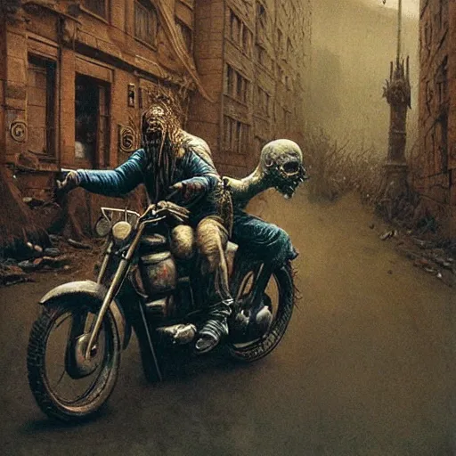 Image similar to epic wizard riding motorcycle through zombie infested apocalyptic city, highly detailed beksinski art