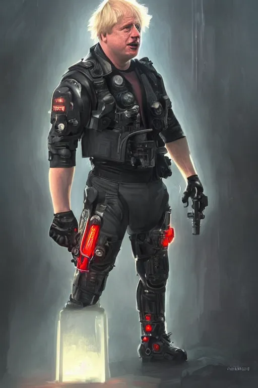 Image similar to Boris Johnson as terminator with red eyes, Boris Johnson hairstyle, full body realistic portrait, highly detailed, muscular body, digital painting, artstation, concept art, smooth, sharp focus, illustration, cinematic lighting, art by artgerm and greg rutkowski and alphonse mucha