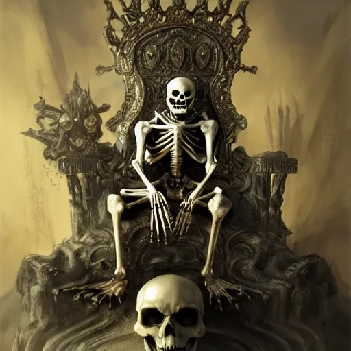 Image similar to skeleton king sitting on a throne in a palace by Stanley Artgerm Lau, frank frazetta, Rossdraws, James Jean, gerald brom, Andrei Riabovitchev, Marc Simonetti, and Sakimichan, trending on artstation, SFW version